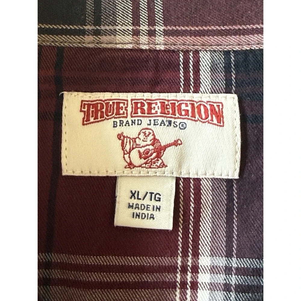 Men's True Religion Long Sleeve Plaid Pearl Snap Western Shirt Maroon Size XL